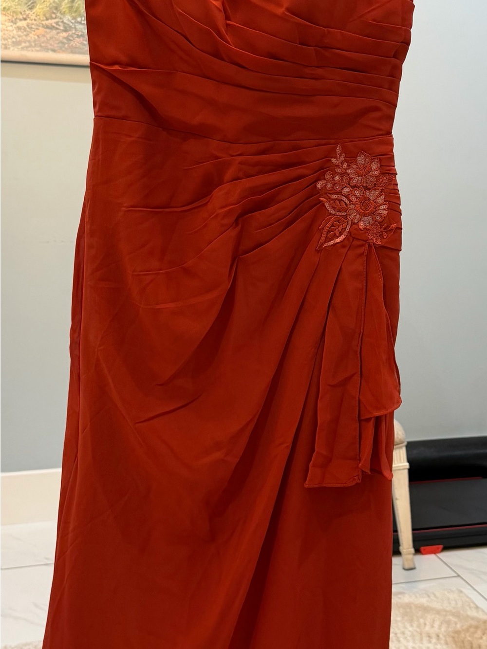 Elegant Rust Red Ruched Evening Dress with Embellished Detail
